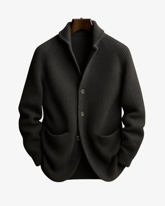Men's ribbed knit cardigan shown from the front with patch pockets