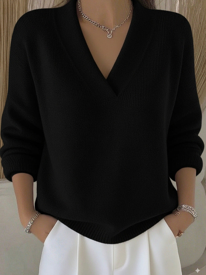Relaxed Knit Sweater | Deep V-Neckline | Ribbed Hem