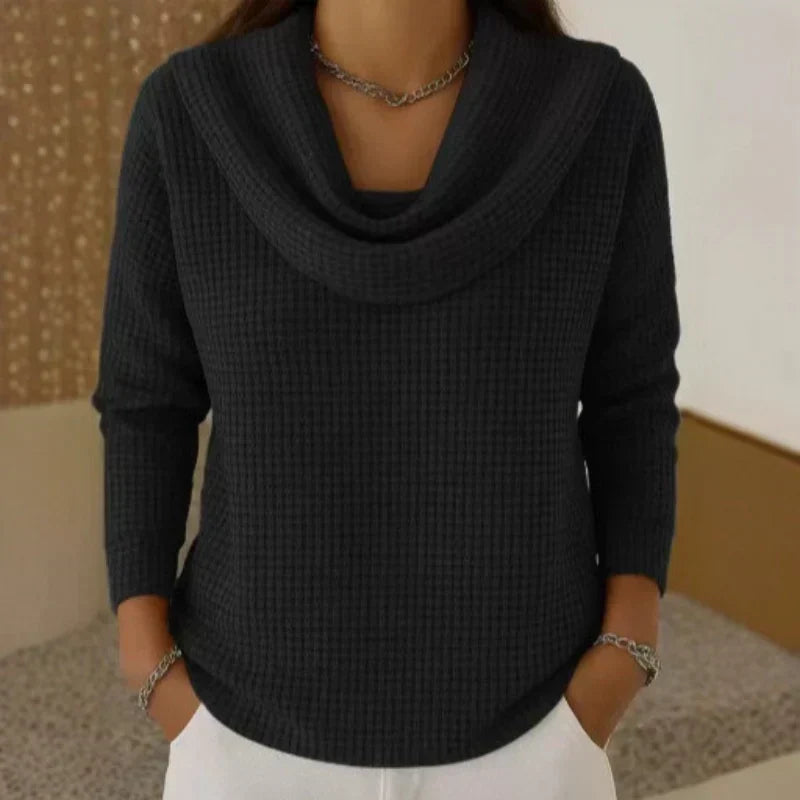 Relaxed Waffle Knit Sweater | Cowl Neck | Hip Length