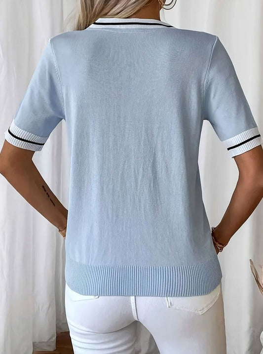 Grace V-Neck Knit Top | Contrast-Trim | Tie-Front