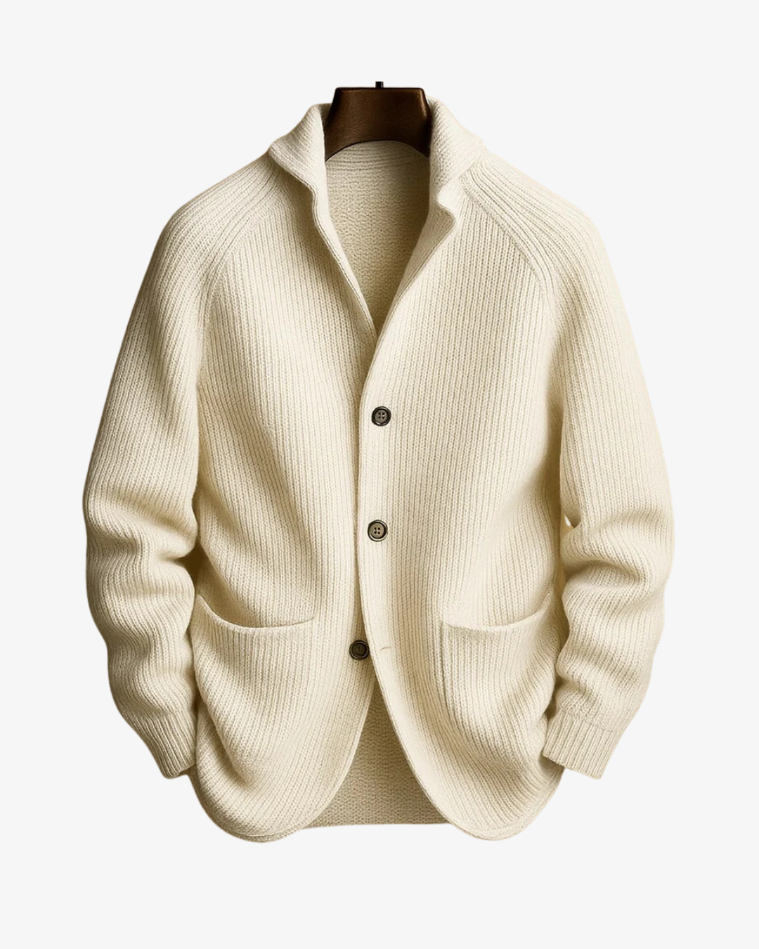 Men's ribbed knit cardigan worn open over a plain tee
