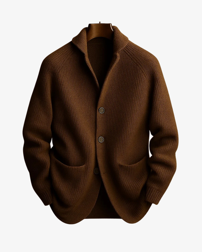 Close detail of the ribbed knit texture on the men's cardigan