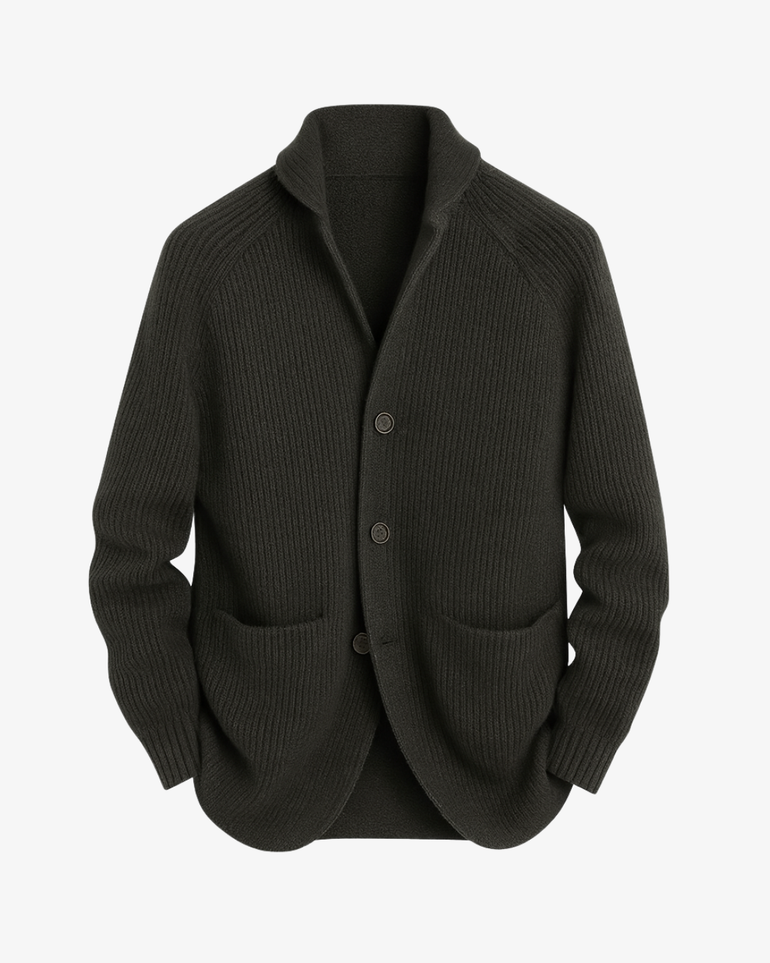 Men's black ribbed knit cardigan with stand collar and button front