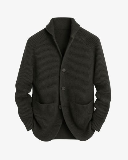 Men's black ribbed knit cardigan with stand collar and button front