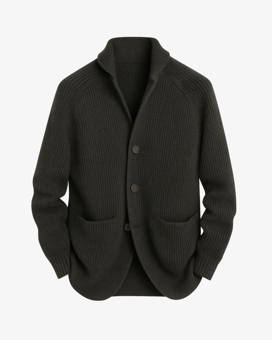 Men's black ribbed knit cardigan with stand collar and button front
