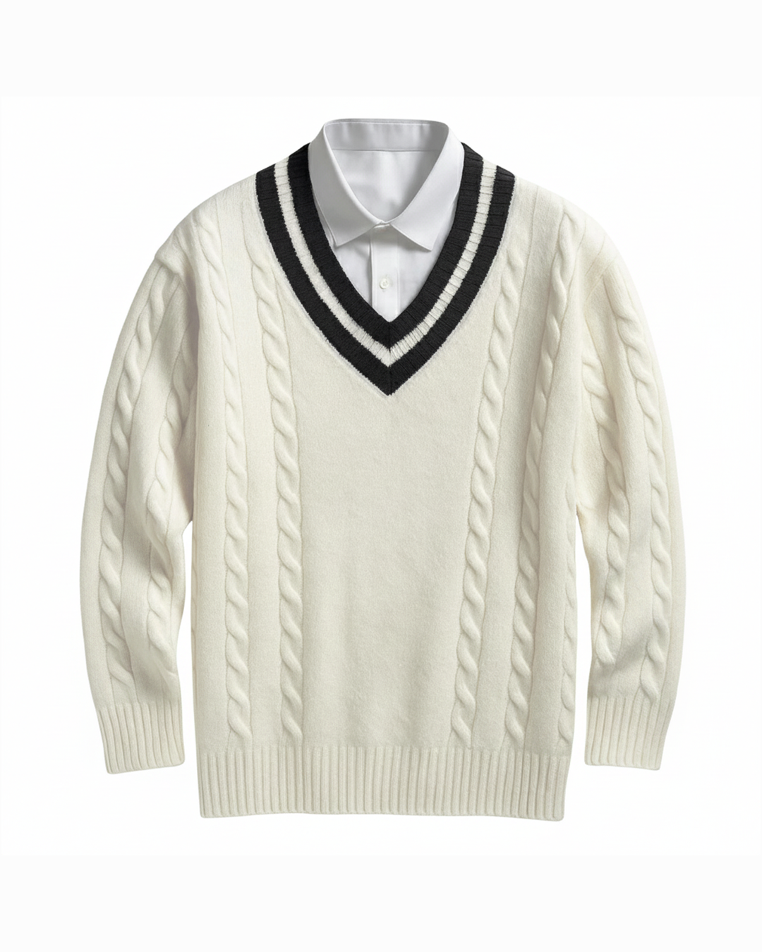 Hampton Cable-Knit V-Neck Sweater | Striped Neckline | Cotton Blend