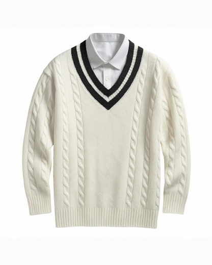 Hampton Cable-Knit V-Neck Sweater | Striped Neckline | Cotton Blend