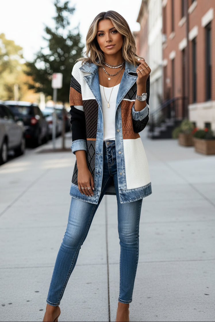Knit Cardigan Jacket | Denim Collar | Colour Block Panels