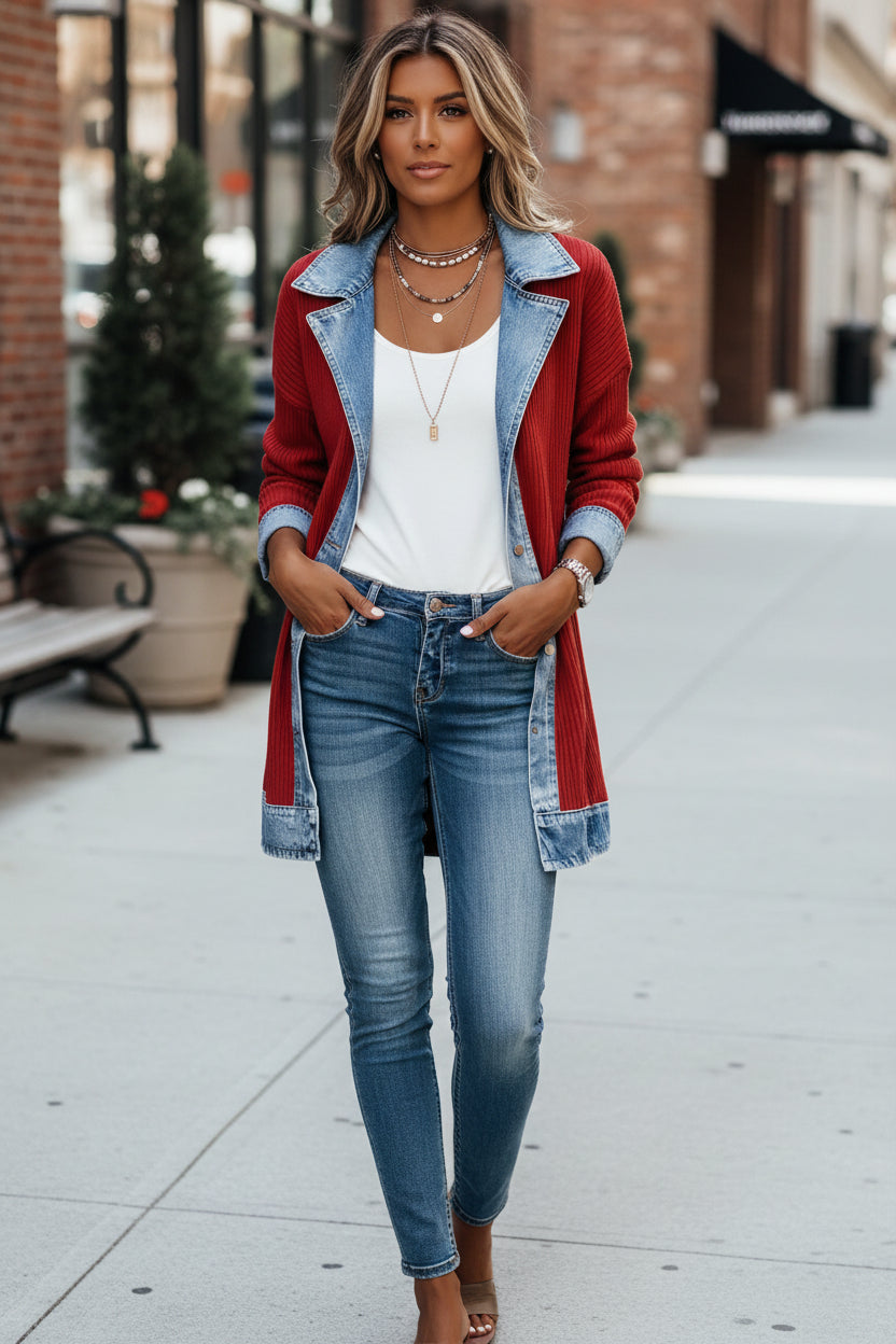 Knit Cardigan Jacket | Denim Collar | Colour Block Panels