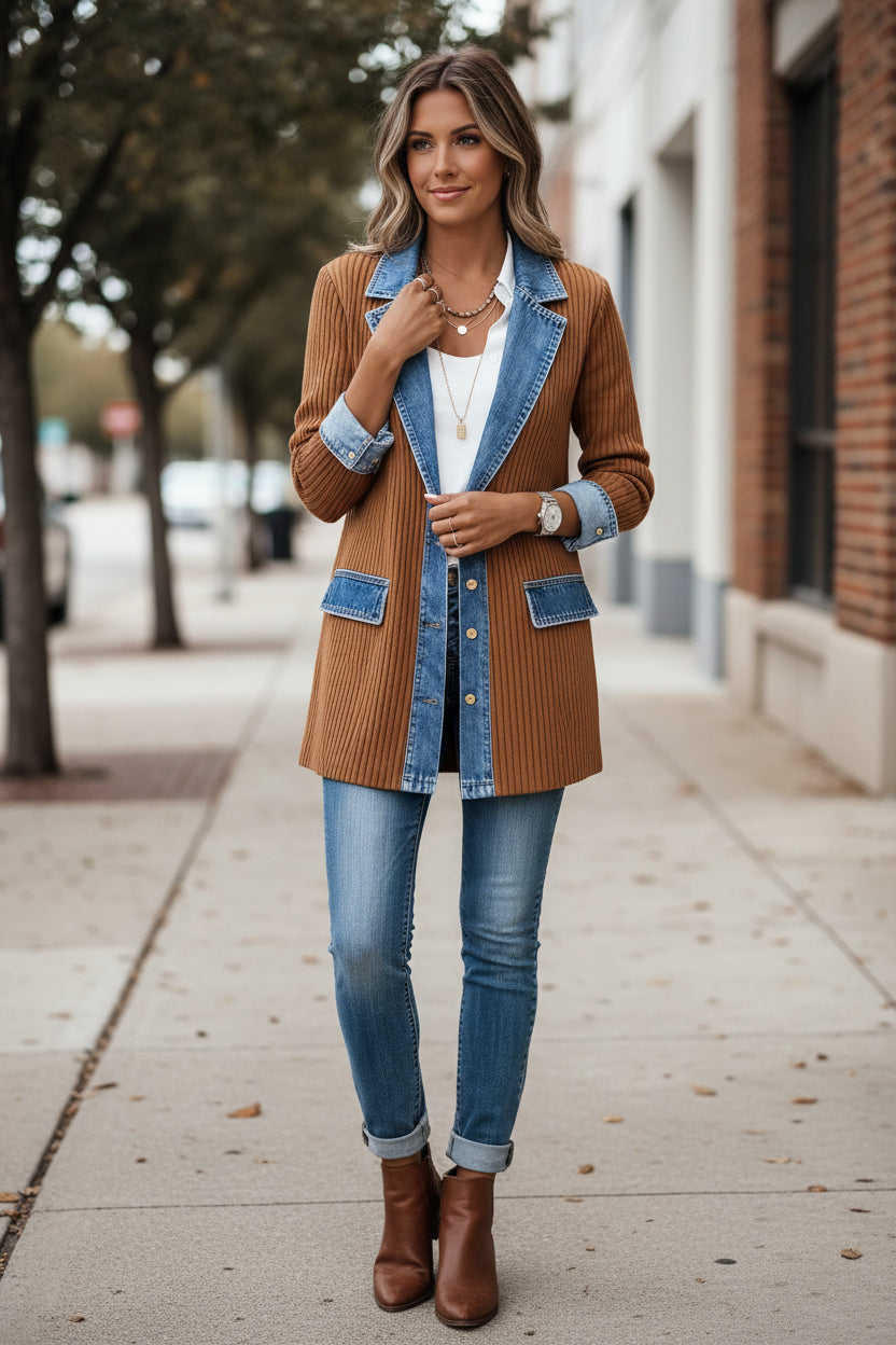 Knit Cardigan Jacket | Denim Collar | Colour Block Panels