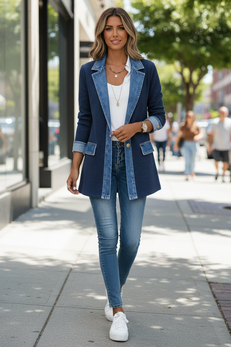 Knit Cardigan Jacket | Denim Collar | Colour Block Panels