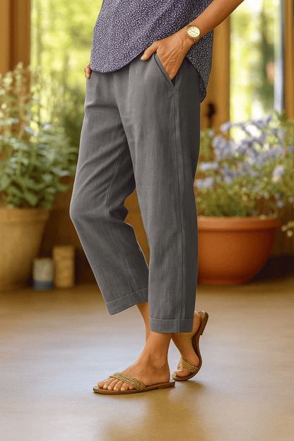 Cropped Linen Trousers | Straight Leg | Fold-Up Hem