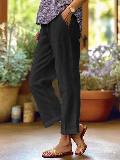 Cropped Linen Trousers | Straight Leg | Fold-Up Hem