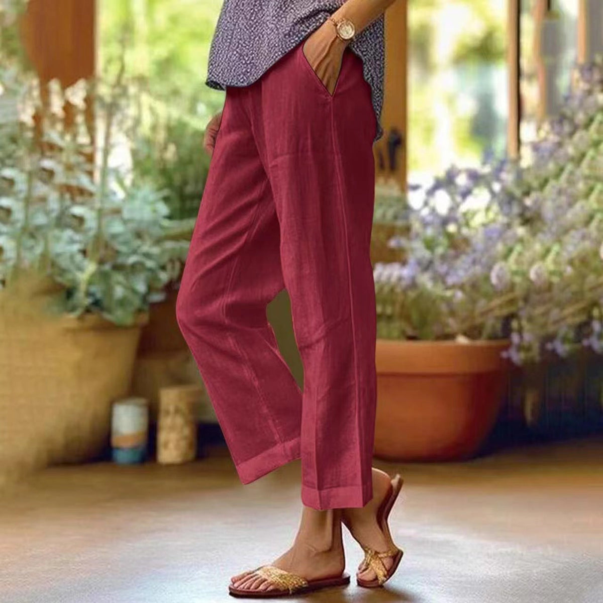 Cropped Linen Trousers | Straight Leg | Fold-Up Hem