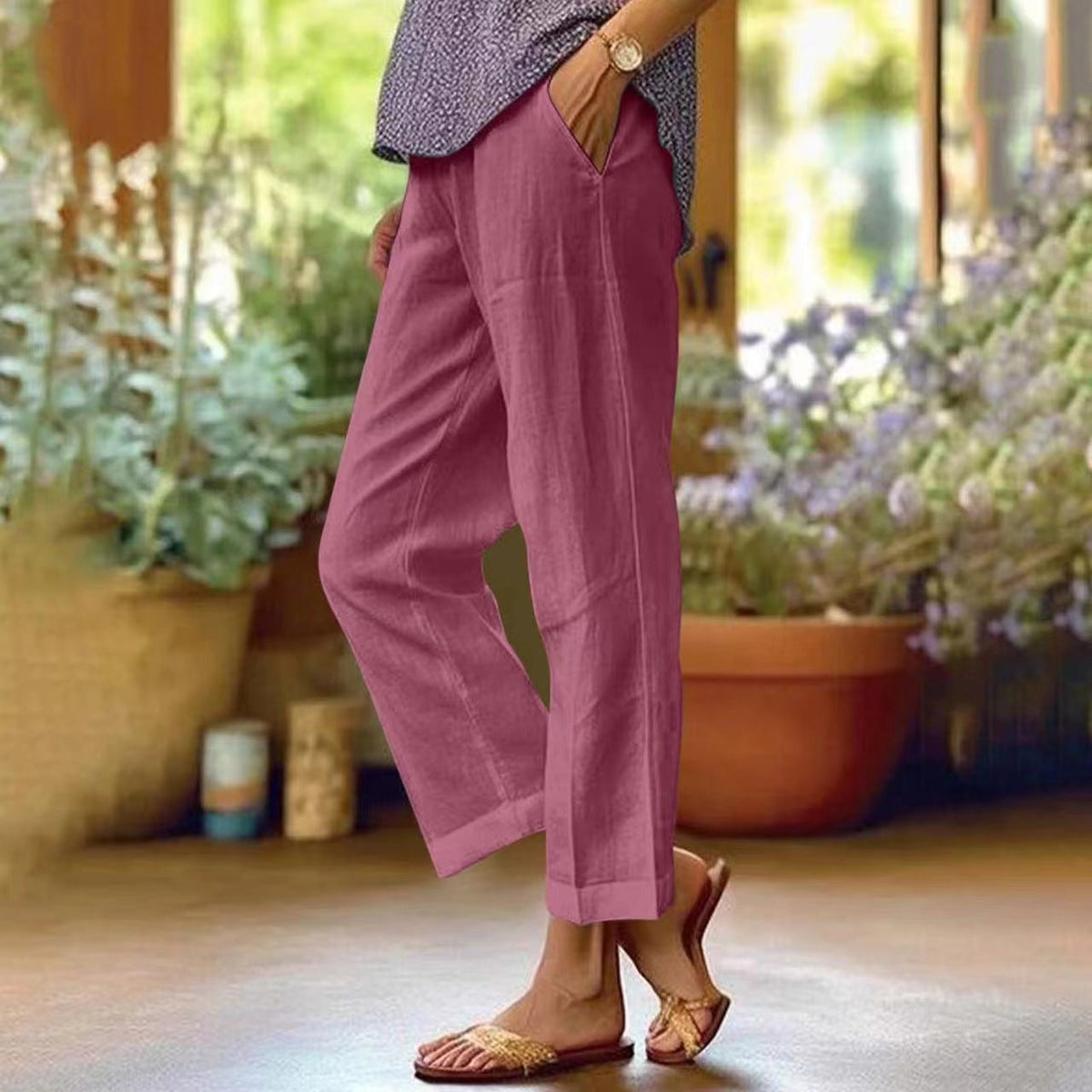 Cropped Linen Trousers | Straight Leg | Fold-Up Hem