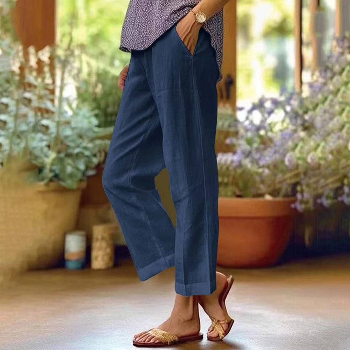 Cropped Linen Trousers | Straight Leg | Fold-Up Hem