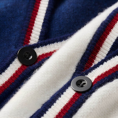 Rhodes Striped Trim V-Neck Cardigan | Wool Blend | Ribbed Cuffs
