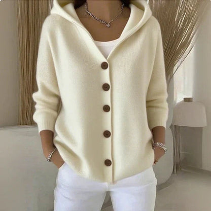 Cosy Hooded Knit Cardigan | Wood-Tone Buttons | Side Pockets