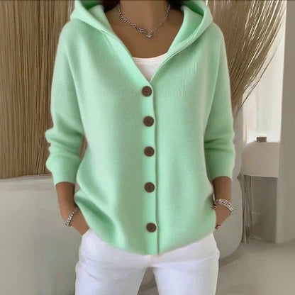Cosy Hooded Knit Cardigan | Wood-Tone Buttons | Side Pockets