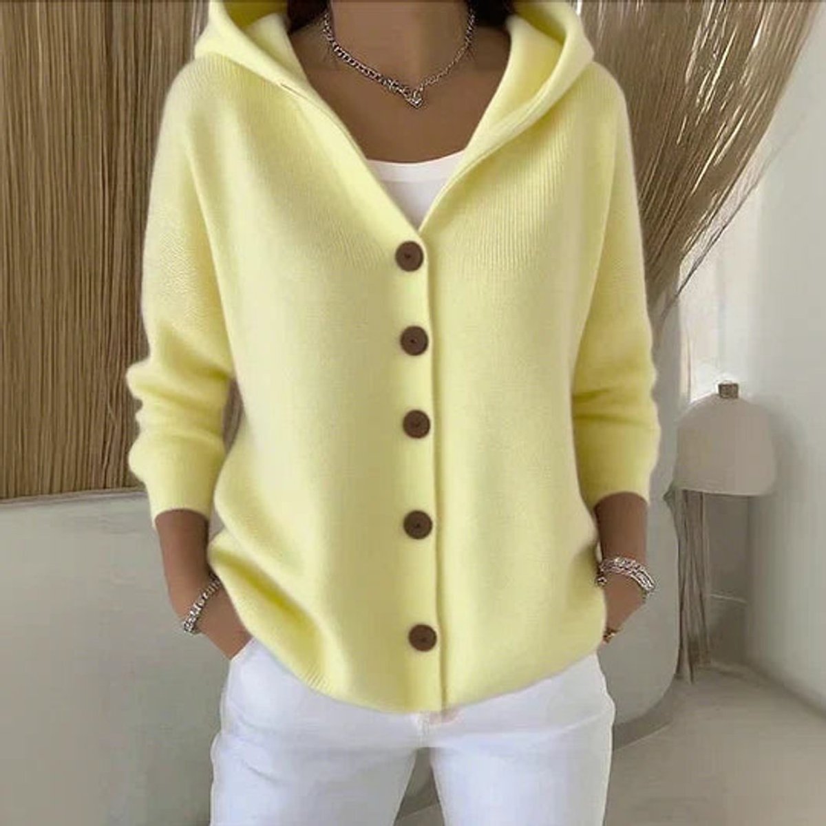 Cosy Hooded Knit Cardigan | Wood-Tone Buttons | Side Pockets