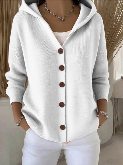 Cosy Hooded Knit Cardigan | Wood-Tone Buttons | Side Pockets