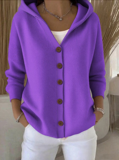Cosy Hooded Knit Cardigan | Wood-Tone Buttons | Side Pockets