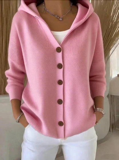 Cosy Hooded Knit Cardigan | Wood-Tone Buttons | Side Pockets