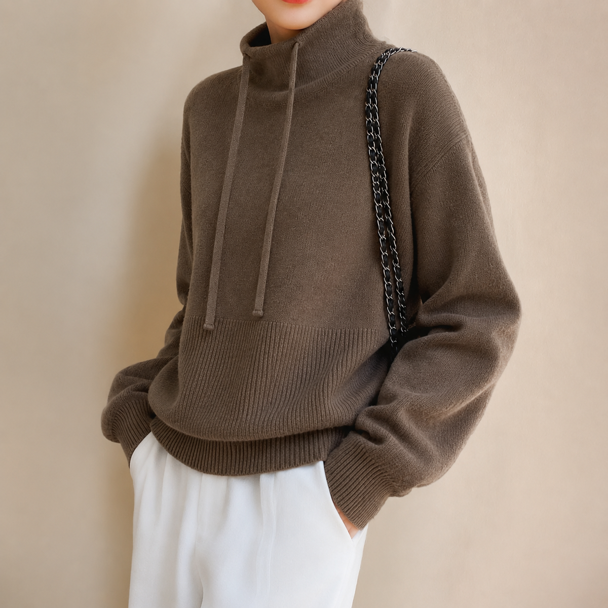 Cosy Oversized Knit Hoodie Sweater | Drawstring Hood | Cropped Length
