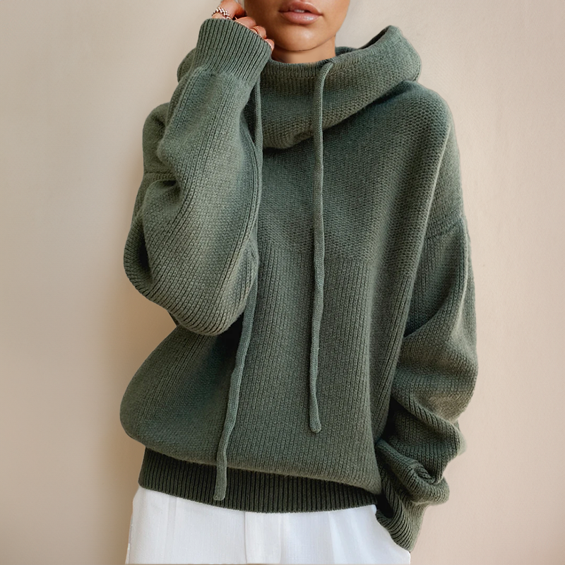Cosy Oversized Knit Hoodie Sweater | Drawstring Hood | Cropped Length