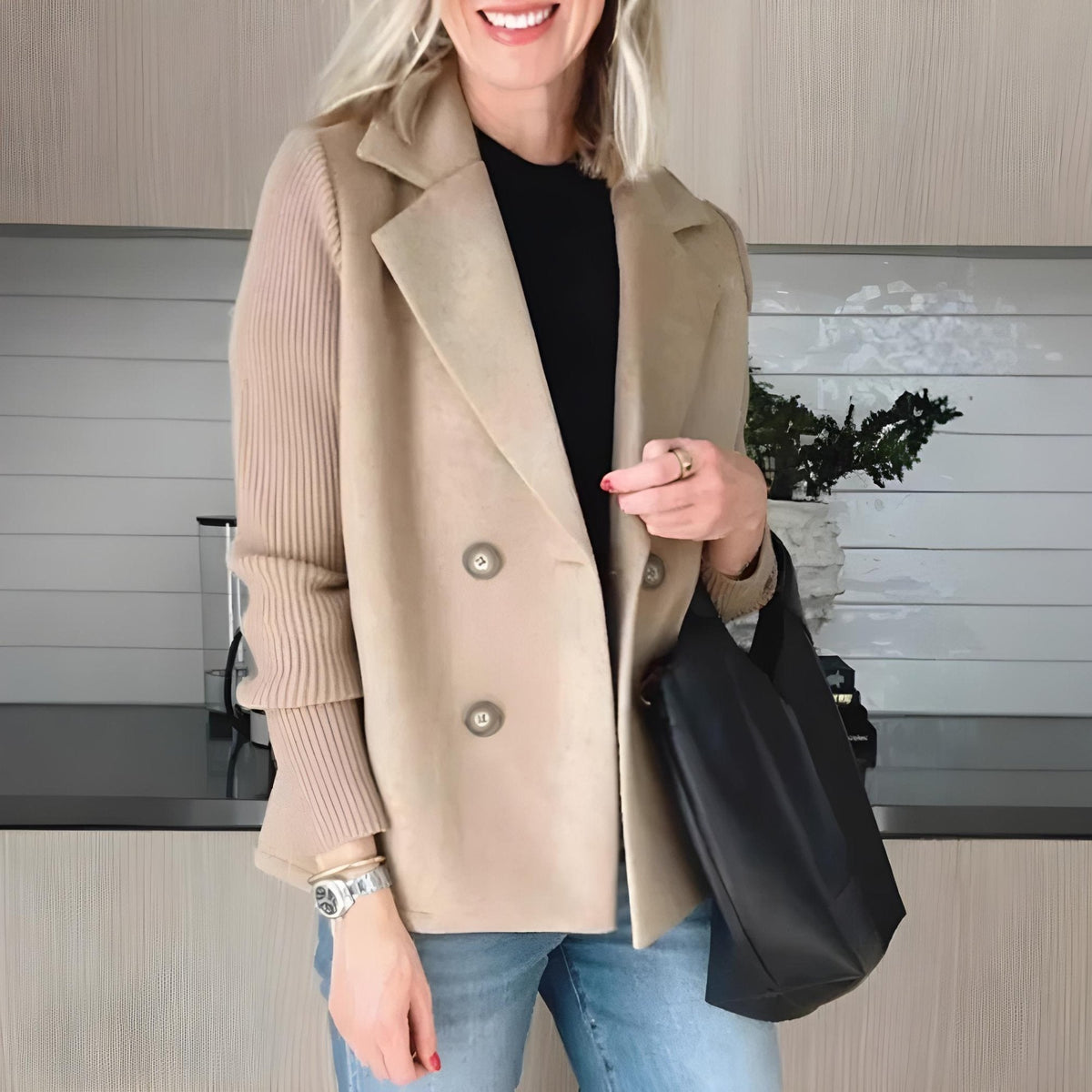 Double-Breasted Blazer | Ribbed Knit Sleeves | Hip Length