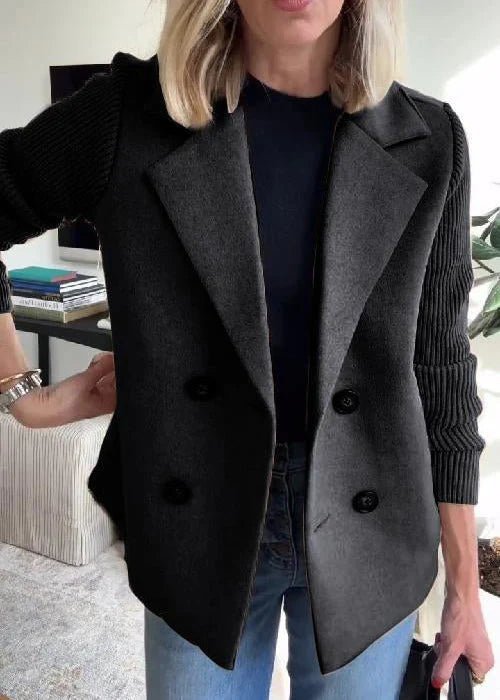 Double-Breasted Blazer | Ribbed Knit Sleeves | Hip Length