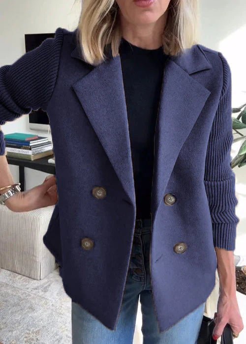 Double-Breasted Blazer | Ribbed Knit Sleeves | Hip Length