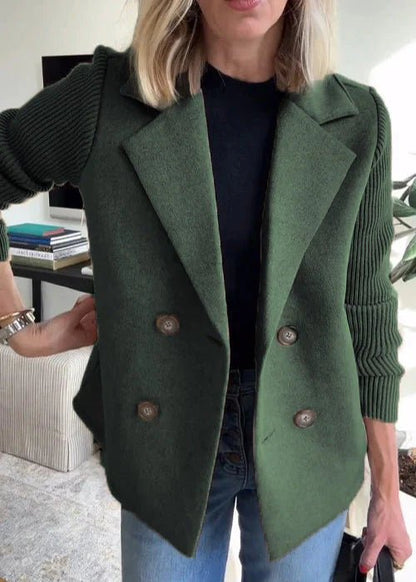 Double-Breasted Blazer | Ribbed Knit Sleeves | Hip Length