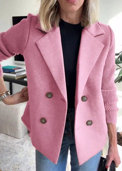 Double-Breasted Blazer | Ribbed Knit Sleeves | Hip Length