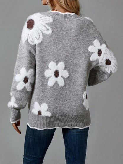 Floral Knit Sweater | V-Neckline | Daisy Print