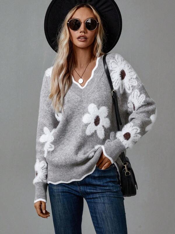 Floral Knit Sweater | V-Neckline | Daisy Print