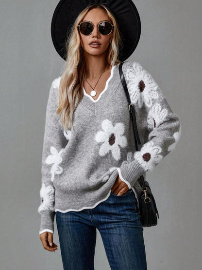 Floral Knit Sweater | V-Neckline | Daisy Print