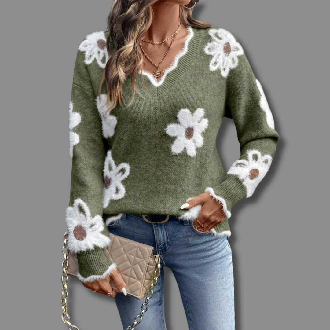 Floral Knit Sweater | V-Neckline | Daisy Print