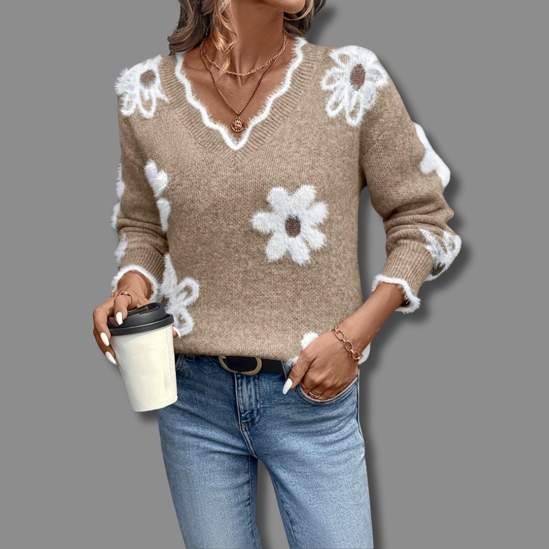 Floral Knit Sweater | V-Neckline | Daisy Print
