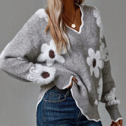 Floral Knit Sweater | V-Neckline | Daisy Print