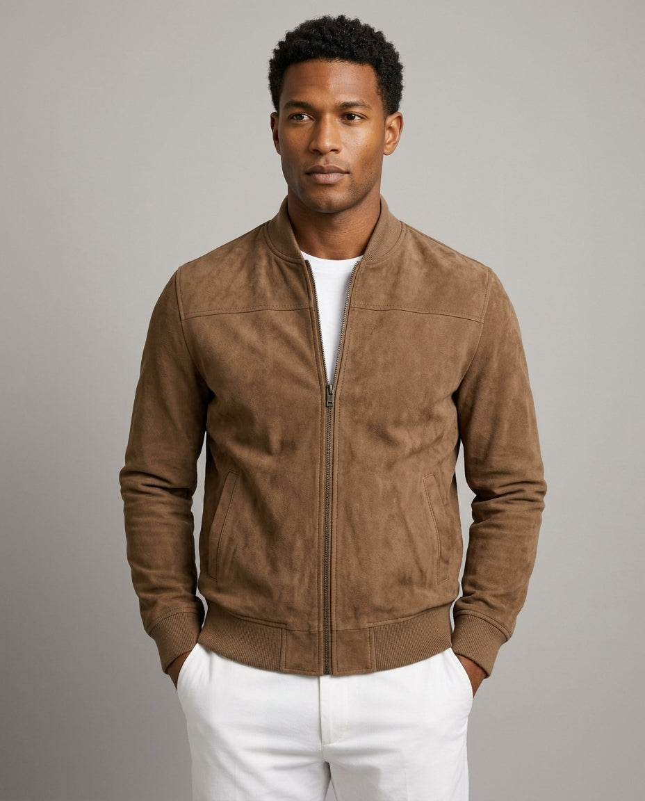 Léo Faux-Suede Bomber Jacket | Ribbed Trim | Minimalist Silhouette