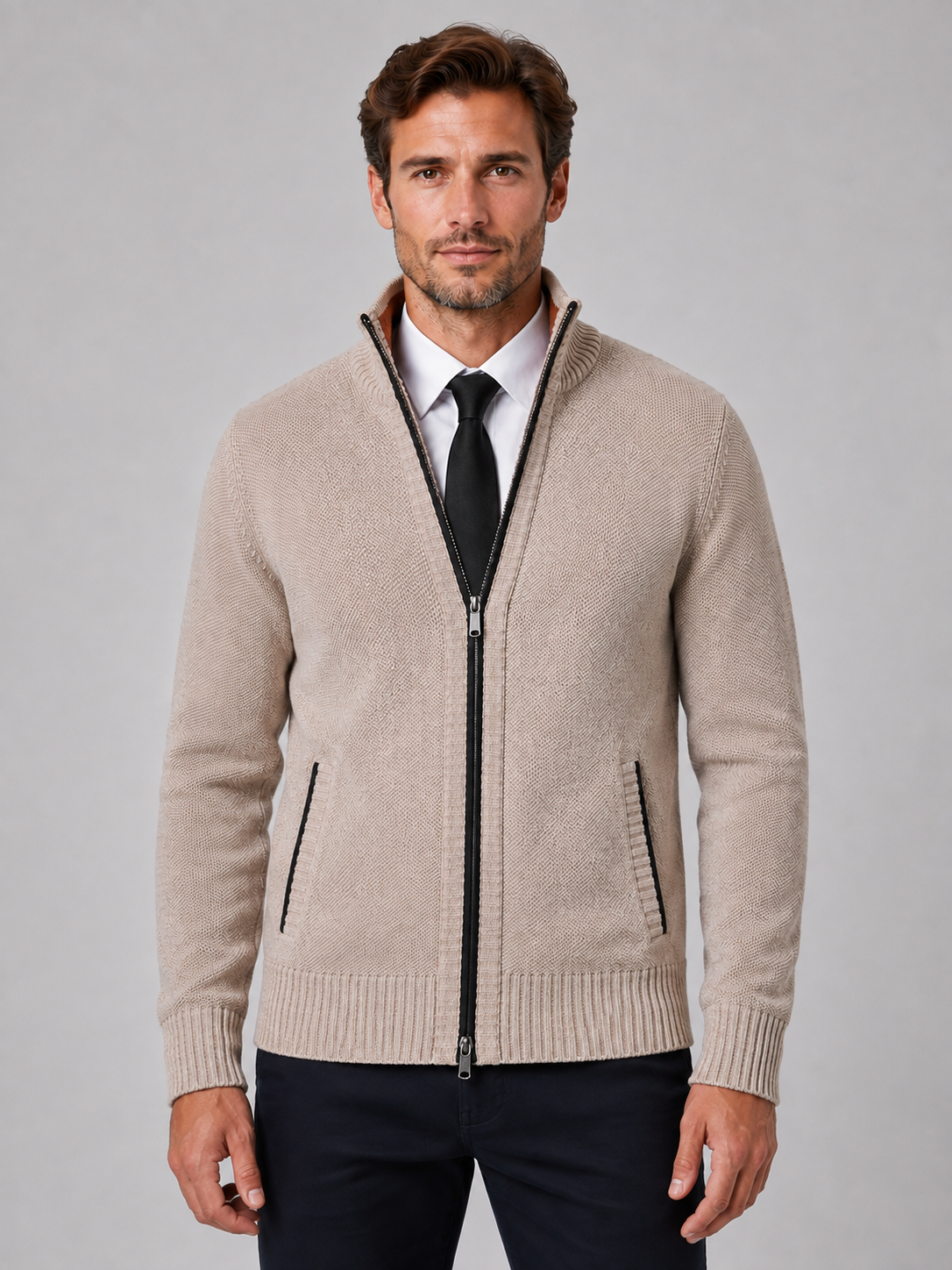Full Zip Knit Cardigan | Funnel Neck | Contrast Trim