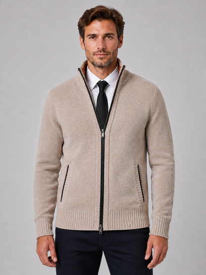 Full Zip Knit Cardigan | Funnel Neck | Contrast Trim