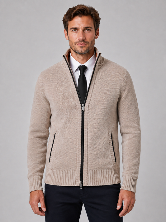 Full Zip Knit Cardigan | Funnel Neck | Contrast Trim