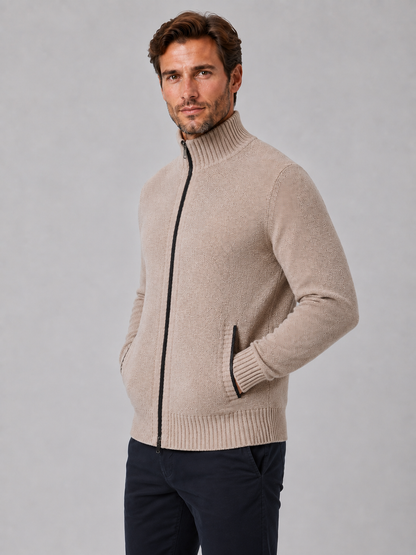 Full Zip Knit Cardigan | Funnel Neck | Contrast Trim