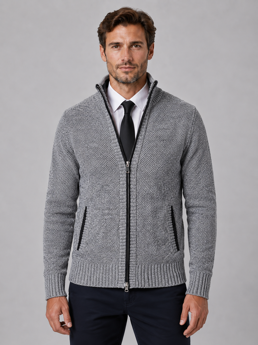 Full Zip Knit Cardigan | Funnel Neck | Contrast Trim