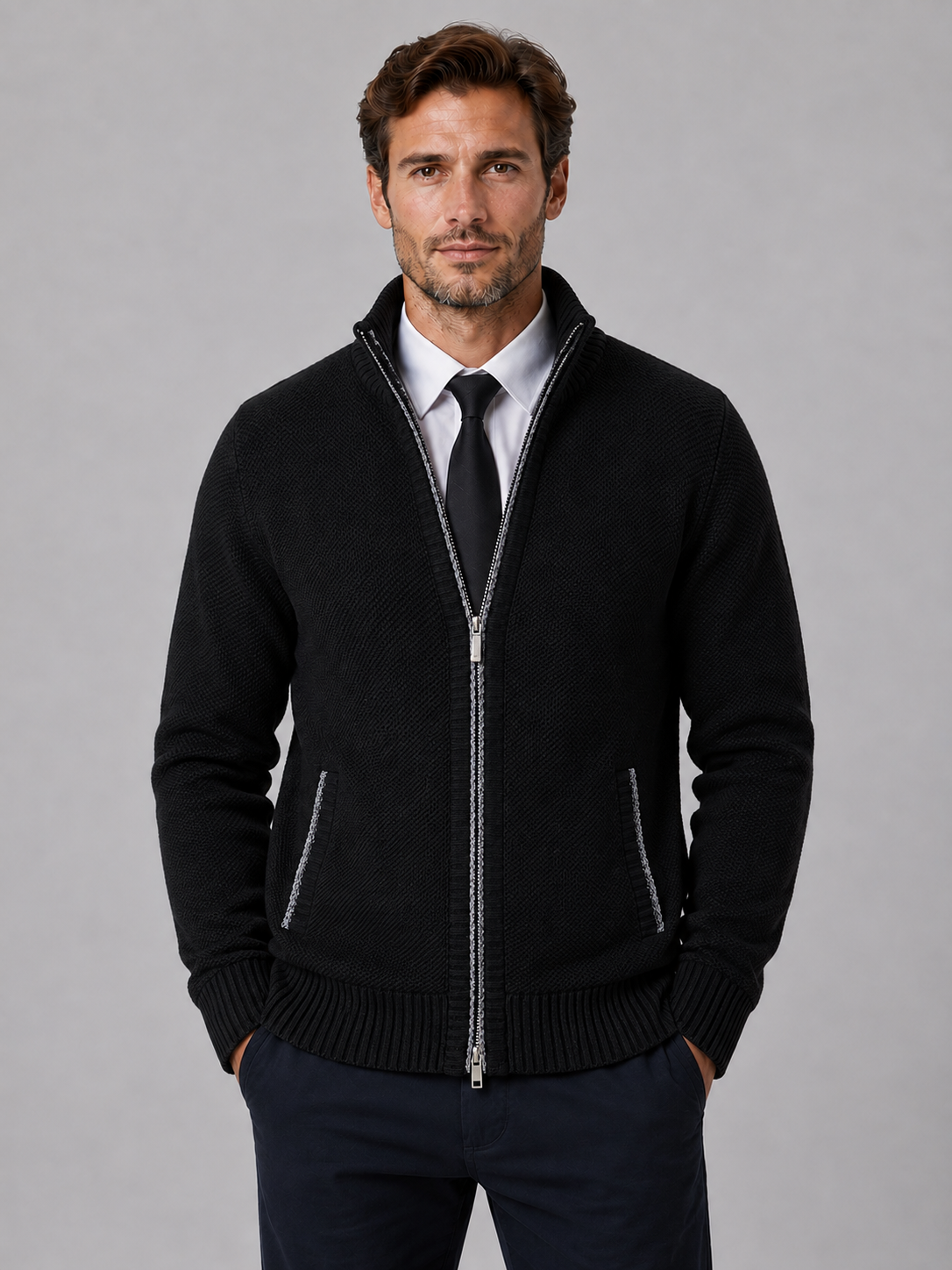 Full Zip Knit Cardigan | Funnel Neck | Contrast Trim