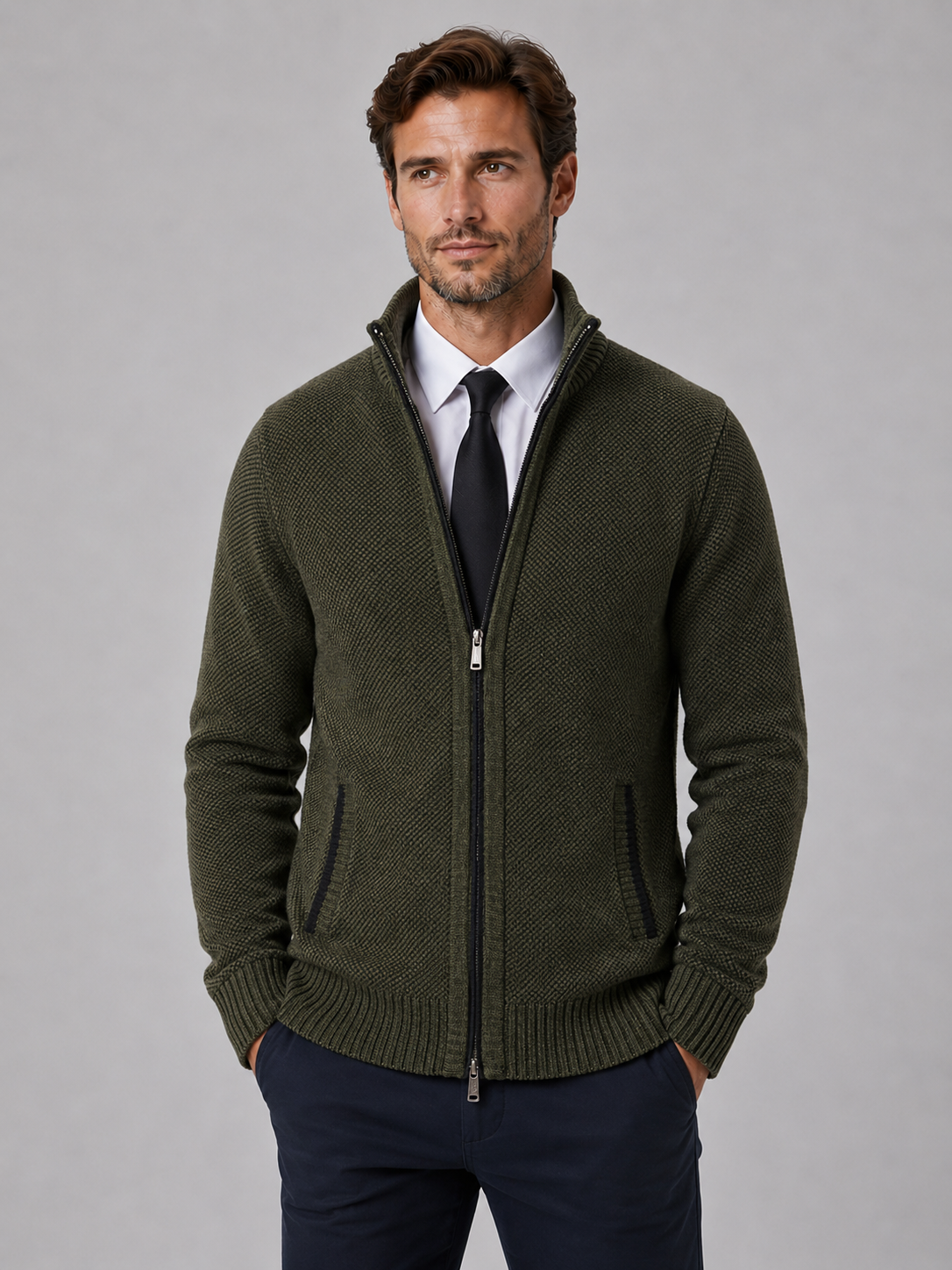 Full Zip Knit Cardigan | Funnel Neck | Contrast Trim