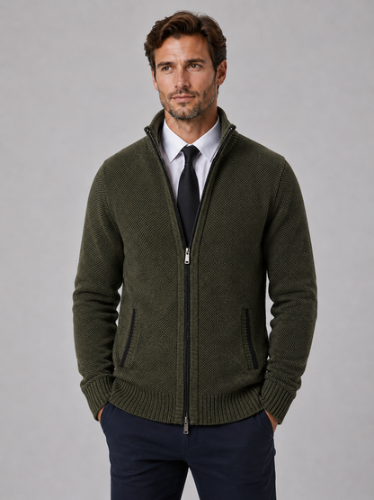 Full Zip Knit Cardigan | Funnel Neck | Contrast Trim