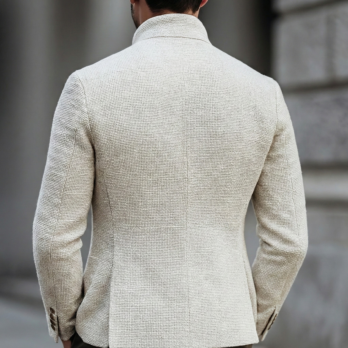 Men's cream knit cardigan styled with tailored trousers